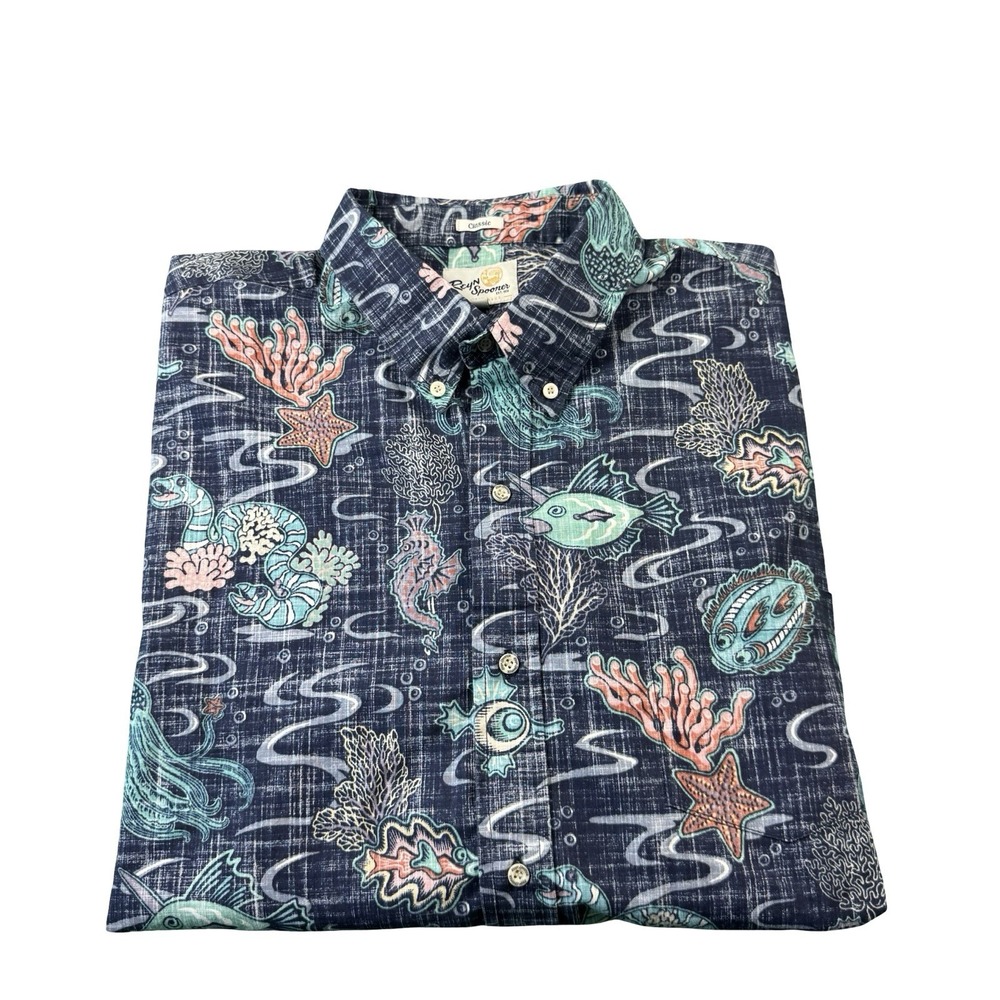 Reyn Spooner Limited Issue Ocean AOP Mens Cotton Blend Hawaiian Shirt Size 2XL